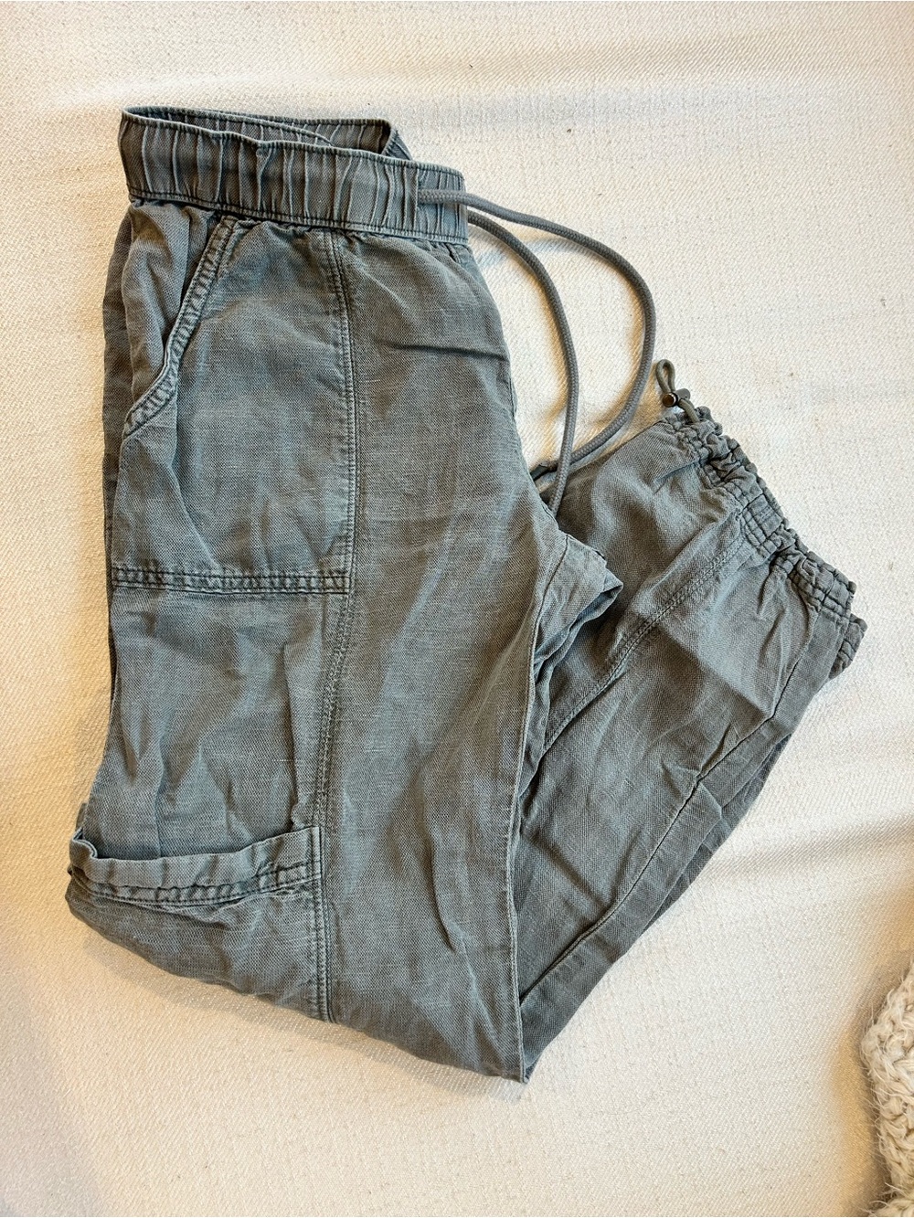 Nicole Miller Casual Cargo Jogger Linen Gray Pants Sz Small Drawstring Waist